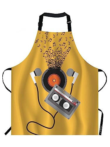 EKOBLA Cassette Aprons Abstract Art Music Concept Design Melody Notes Player Earphone Waterproof Resistant Chef Cooking Kitchen BBQ Adjustable Aprons for Women Men 27x31 Inch - color: Multi-a123