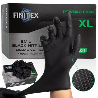 FINITEX Disposable Nitrile Diamond Texture Black 8mil Mechanic Gloves - color: Black (X-large 100)