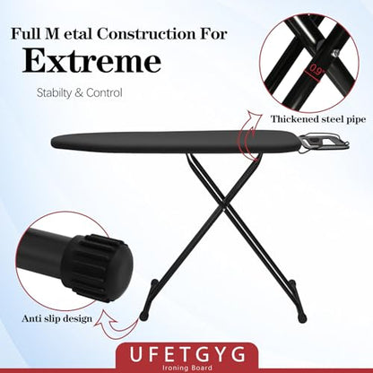 UFETGYG Ironing Board, Metal Panel Iron Board |43" X 13" W/with Iron Rest | Full Metal Construction| Height Adjustable | Heat & Scorch Resistant Fabric | Anti-Skid Feet | Heavy Duty| Easy to Fold - color: Black