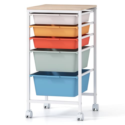 Giantex Rolling Storage Cart with 5 Drawers, Utility Cart w/Wooden Tabletop, Lockable Wheels, Multipurpose Organizer for Art Craft Books Paper, Drawer Carts for Dorm Classroom Office, Macaron - color: Macaron, size: 5 Drawer-13"x14.5"x25"