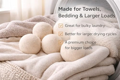 XL Wool Dryer Balls 6 Pack, 3 Inch, 100% New Zealand Wool, Reusable Natural Fabric Softener for Towels, Bedding and Larger Loads, Helps Reduce Drying Time, Wrinkles and Static Cling - size: 3 Inch (Pack of 6)