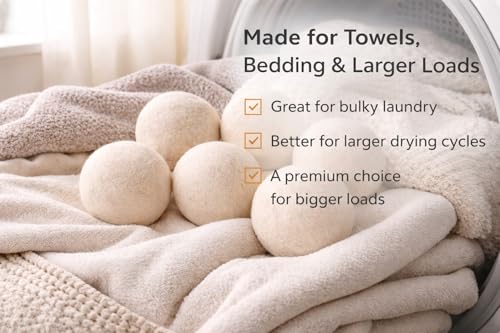 XL Wool Dryer Balls 6 Pack, 3 Inch, 100% New Zealand Wool, Reusable Natural Fabric Softener for Towels, Bedding and Larger Loads, Helps Reduce Drying Time, Wrinkles and Static Cling - size: 3 Inch (Pack of 6)