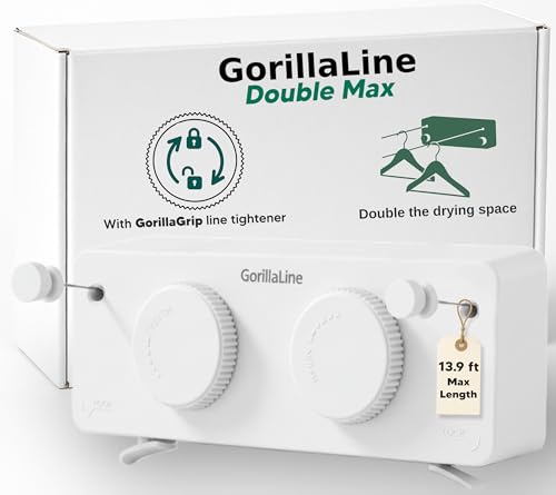 GorillaLine Max - Retractable Clothesline Indoor Outdoor Clothes Line - Heavy Duty Clothes Drying Laundry Line - Wall Mounted Drying Rack - Air Dry Clothing - Max Tighten with GorillaGrip - color: Double Max