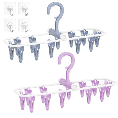 Clothes Drying Hanger with 12 Clips, 2 Pack Folding Portable Hanging Drying Rack,Drip Foldable Hanging Rack, 360° Rotatable Hook for Drying Towels Bras Baby Clothes Gloves Plastic(Blue&Purple) - color: Blue and Purple
