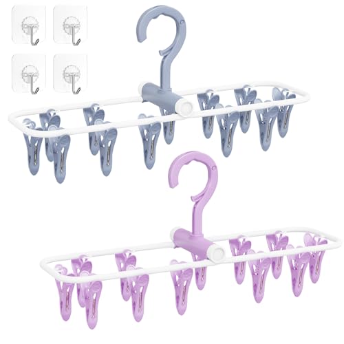 Clothes Drying Hanger with 12 Clips, 2 Pack Folding Portable Hanging Drying Rack,Drip Foldable Hanging Rack, 360° Rotatable Hook for Drying Towels Bras Baby Clothes Gloves Plastic(Blue&Purple) - color: Blue and Purple