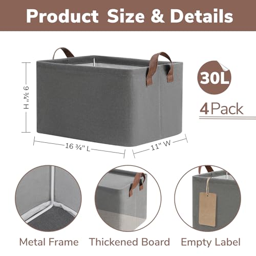 CHICVITA 30L Large Fabric Closet Baskets for Shelves, 4Pack, Grey - color: Grey 4-Pack, size: 16 ¾" L x 11" W x 9 ¾" H