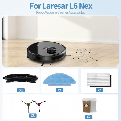 dranmoner 17 Pack Replacement Accessories Kit Compatible with Laresar L6 Nex Robot Vacuum,1vMain Brush,8 Side Brushes, 4 HEPA Filters, 2 Mop Pads, 2 Dust Bags