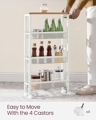 VASAGLE 4-Tier Slim Rolling Storage cart with Wheels, 5.1 Inches, Metal - color: Oak Beige + Classic White, size: 4 Tiers (5.1"D x 30.3"H)