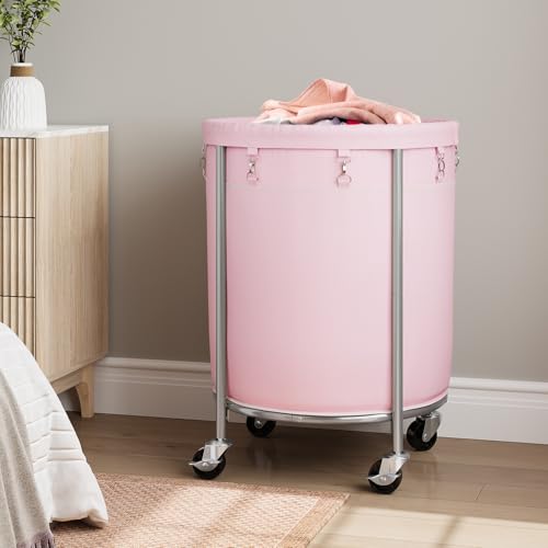 ELYKEN Laundry Basket with Wheels, Round Rolling Laundry Hamper, Pink - color: Pink, size: 190L