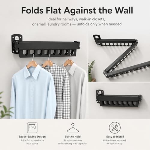 Clothes Drying Rack,Carbon Steel Collapsible Laundry Drying Rack Wall Mounted,Clothes Hanger Rack with Hooks for Drying Clothes(Black) - color: Black