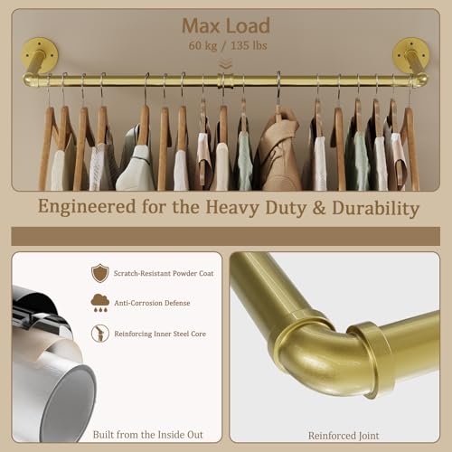Wall Mounted Clothes Rack, Industrial Pipe Clothing Rack 36 Inch Gold, Wall Clothes Hanger for Bedroom, Cloakroom, Closet, Hallway, Boutique Display, Drying Racks Wall-Mount for Laundry - color: Gold, size: 36 Inch