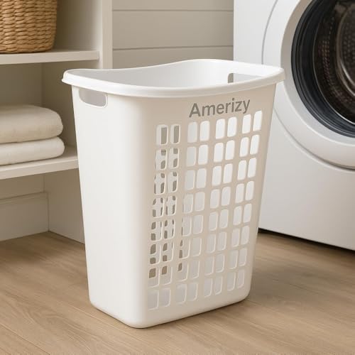 Large White Plastic Laundry Hamper – Rectangular Open Top Clothes Basket with Ventilation, Lightweight Durable Bin for Bedroom, Bathroom, Closet or Dorm Us