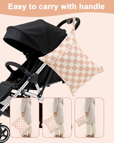 ALVABABY 3 Pack Wet Dry Bags for Cloth Diapers, Swimsuits & Gym Clothes, Waterproof Reusable Baby Diaper Bag with 2-Zippered Compartments, Hanging Strap, Machine Washable, Small/Medium/Large for Dayca - color: Beige grid