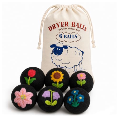 Wool Dryer Balls 6 Pack, New Zealand, Reusable Natural Fabric Softener - color: Black-flower