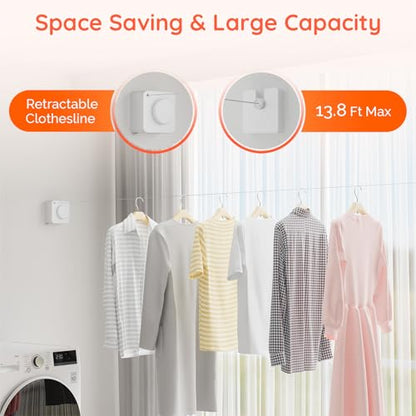 Retractable Clothesline Indoor, Non-Sagging Outdoors Clothesline Retracting, Heavy Duty Retractable Clothes Drying Laundry Line, Wall Mounted Stainless Steel Line - 13.8 Ft (White) - color: White