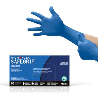 Ansell MICROFLEX SafeGrip SG-375 Extra Thick Disposable Latex Gloves for Life Sciences, Automotive w/Textured Fingertips - Small, Blue (Box of 50) - size: Small