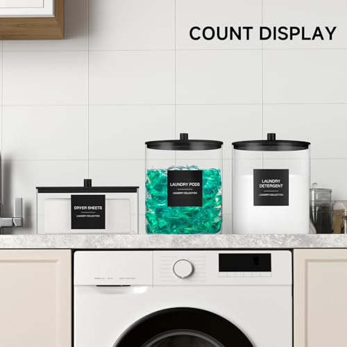 3 Pack Glass Jars and Acrylic Dryer Sheet Holder, Laundry Pods Container with Bamboo Lid and Measuring Cups for Laundry Room Organization, Powder Detergent Containers (Black) - color: Black