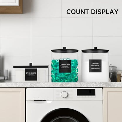 3 Pack Glass Jars and Acrylic Dryer Sheet Holder, Laundry Pods Container with Bamboo Lid and Measuring Cups for Laundry Room Organization, Powder Detergent Containers (Black) - color: Black