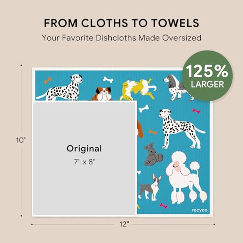 RECYCO Swedish Dishcloths for Kitchen | 4 Pack Oversized Washable Dish Rags | Large Cellulose Reusable Cleaning Paper Towels | Absorbent Counter Dish Cloth Sponge XL Kitchen Wipes, 12" L x 10" W - color: Doggy Daydreams - Xl 4 Pack