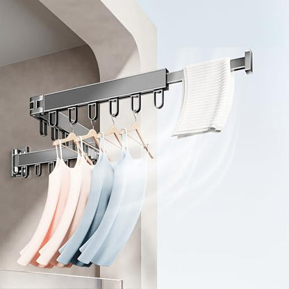 Wall Mounted Foldable Clothes Drying Rack with 18 Hooks, No-Drill, Black - color: Black