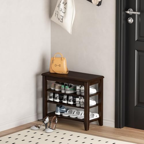 Taitiy Shoe Bench with 3 Tier Adjustable Shelves Rubberwood Entryway 23.6'' - color: Walnut - Wood, size: 23.6''