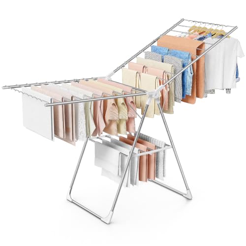 Sakugi Clothes Drying Rack, 69.5" Adjustable Wings, Foldable Design - color: Silver & White, size: XX-Large (69.5"L x 22.8"W x 36.6"H)