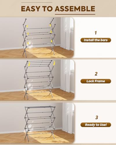 KINGBOARD 3-Tier Extendable Clothes Drying Rack, Small & Foldable, Grey - color: Gray