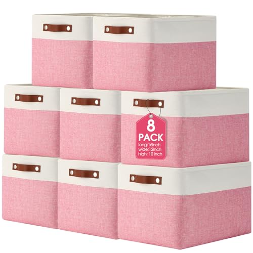 Uiifan 16 x 12 x 10 Inch 8 Pack Fabric Storage Baskets with Handles, Pink - color: Pink, size: 16 x 12 x 10 Inch