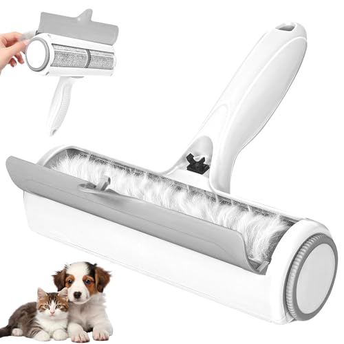 Roller Pet Hair Remover – Reusable Lint Roller for Dog & Cat Hair on Furniture, Couch, Carpet, Rugs, Bedding & Car – Portable, Eco-Friendly (White Gray)