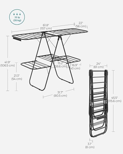 SONGMICS Clothes Drying Rack, Foldable 2-Level Stee Laundry Drying Rack - color: Black, size: 2 Tiers（22"d x 61.8"w x 64.3''h )