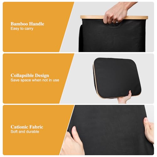 Foluck 100L Laundry Hamper with Lid Removable Bag and Bamboo Handles - color: Black, size: 100L