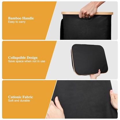 Foluck 100L Laundry Hamper with Lid Removable Bag and Bamboo Handles - color: Black, size: 100L