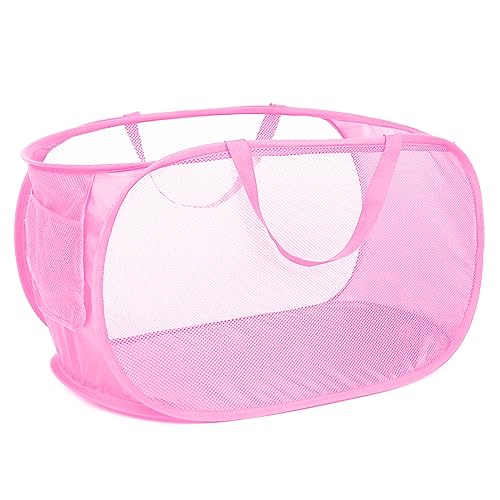 Durable Collapsible Laundry Baskets, Mesh Pop Up Laundry Hamper with Side Pocket, Foldable Clothes Storage Hamper with Reinforced Carry Handles for Laundry, Bathroom, Kids Room, Dorm or Travel Pink - color: 1 x Pink