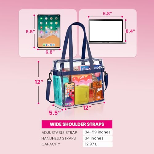 Handy Laundry Clear Bag 12x6x12 Stadium Approved Tote, Zipper Strap - color: Blue