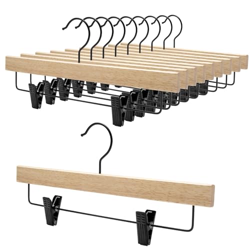 Nature Smile Deluxe Wooden Pants Hangers,Solid Rubber Wood Jeans Skirt Hanger with Blacak Hook Pack of 20(Natural Varnished) - color: Natural