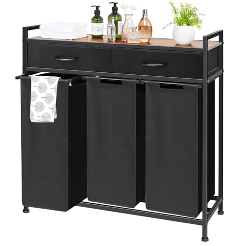 180L Laundry Sorter Hamper Basket 3 Section with Shelf & 2 Drawers - color: Black, size: 180L