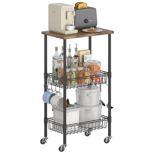 Homeiju Rolling Kitchen Storage Cart, 3-Tier Storage Rack on Caster Wheels with Adjustable 2 Baskets, Coffee Station Cart Rack Shelf Organizer for Living Room Office, Balcony, Rustic Brown/Black