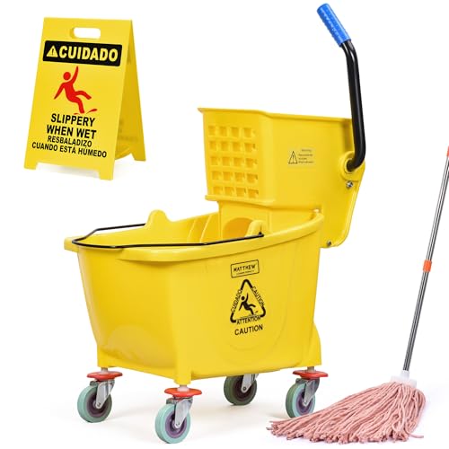 Matthew Cleaning 34 Quart Commercial Mop Bucket INCL.Wet String Mop with Side Press Wringer On Wheels,Heavy Duty Tandem Portable Floor Cleaning Wavebrake,Ideal for Household,Industrial,Restaurant - color: Yellow, size: 34 Quart (Side Press Wringer)