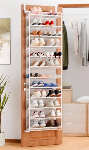 Whitmor 36 Pair Over the Door Shoe Rack,12 Tier Hanging Shoe Organizer with Metal Frame & Mesh Shelves, Heavy Duty Shoe Storage Holder for Door,No Drill Installation, 74"H x 21.7"W x 7.5"D, Matt White - color: Matt White