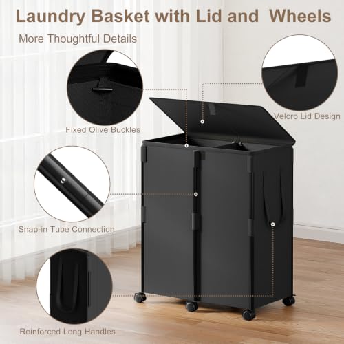 160L Double Laundry Hamper with Lid and 6 Wheels, Rolling Laundry Basket - color: Black, size: 160L(24.8"L x 14.2"W x 29.92"H)