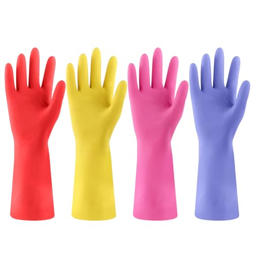 Rubber Kitchen Dishwashing Gloves - 4 Pairs Colorful Reusable Cleaning Gloves for Kitchen Washing Dishes and Household Cleaning(Large, Blue+Pink+Yellow+Red) - color: Red,yellow,blue,pink, size: Large (Pack of 4)
