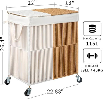 WOWLIVE Rolling Laundry Basket Wheels, Handwoven Laundry Hamper with Lid - color: White and Natural, size: 115L(22 x 13 x 26.4 Inches)