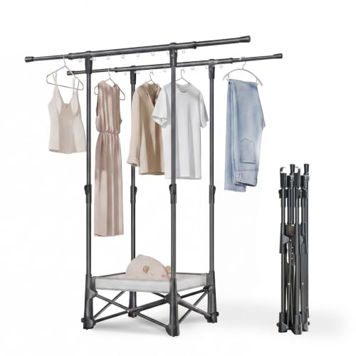 BIREN Clothes Drying Rack Foldable with Drying Net Portable Clothes Rack with Windproof Rings & Hidden Wheels Collapsible Laundry Drying Rack Heavy Duty Clothing Racks for Indoor Outdoor Use, Black - size: Large
