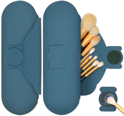Travel Silicone Makeup Brush Holder with Cleaning Pad and Magnetic Closure - color: Dark Blue