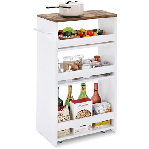 TEAMIX Slim Rolling Storage Cart, Wood 4-Tier Narrow Kitchen/Laundry Cart - color: White, size: 7-7/8'' W