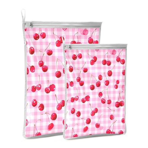 Mesh Laundry Bags Lingerie Bags for Washing Delicates 2 PCS Durable Wash Bag with Zipper Small and Medium Washable Pink Juicy Checkered Cherry - color: Pink Juicy Checkered Cherry