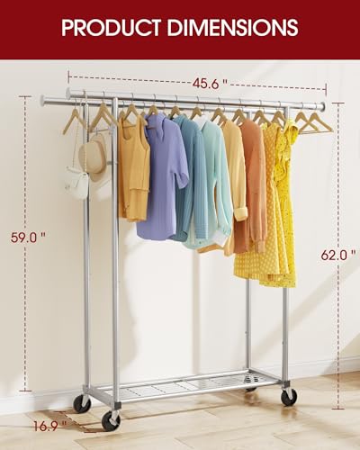 Sakugi Double Rod Clothes Rack - Large-Capacity Clothing Racks for Hanging Clothes with Lockable Wheels, Space-Saving Metal Coat Rack for Bedroom, Laundry Room, Entryway, 45.6" x 16.9" x 62", Silver - color: Silver, size: 45.6" x 16.9" x 62"(2 Rods)