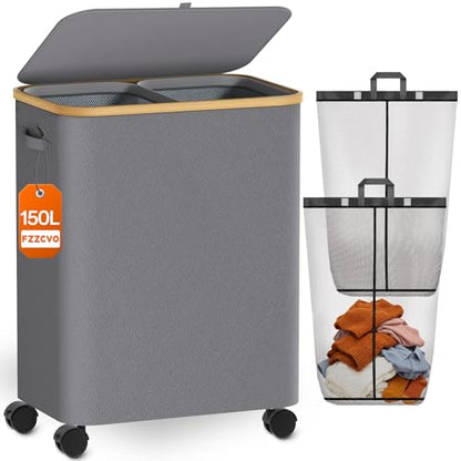 Double Laundry Basket with Wheels and Lid, 150L Clothes Hampers for Laundry - color: Gray, size: 150L