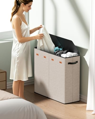 185L Laundry Hamper 4 Section with Lid & Removable Bags - color: Beige, size: 185L - 4 Section