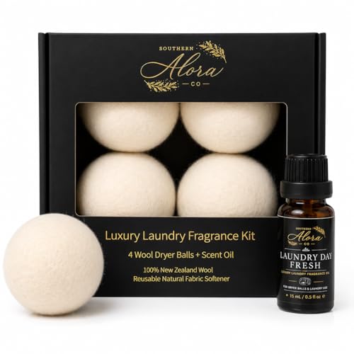 Luxury Wool Dryer Ball Kit, Laundry Day - 4 New Zealand Wool Balls + Oil - color: Laundry Day Fresh